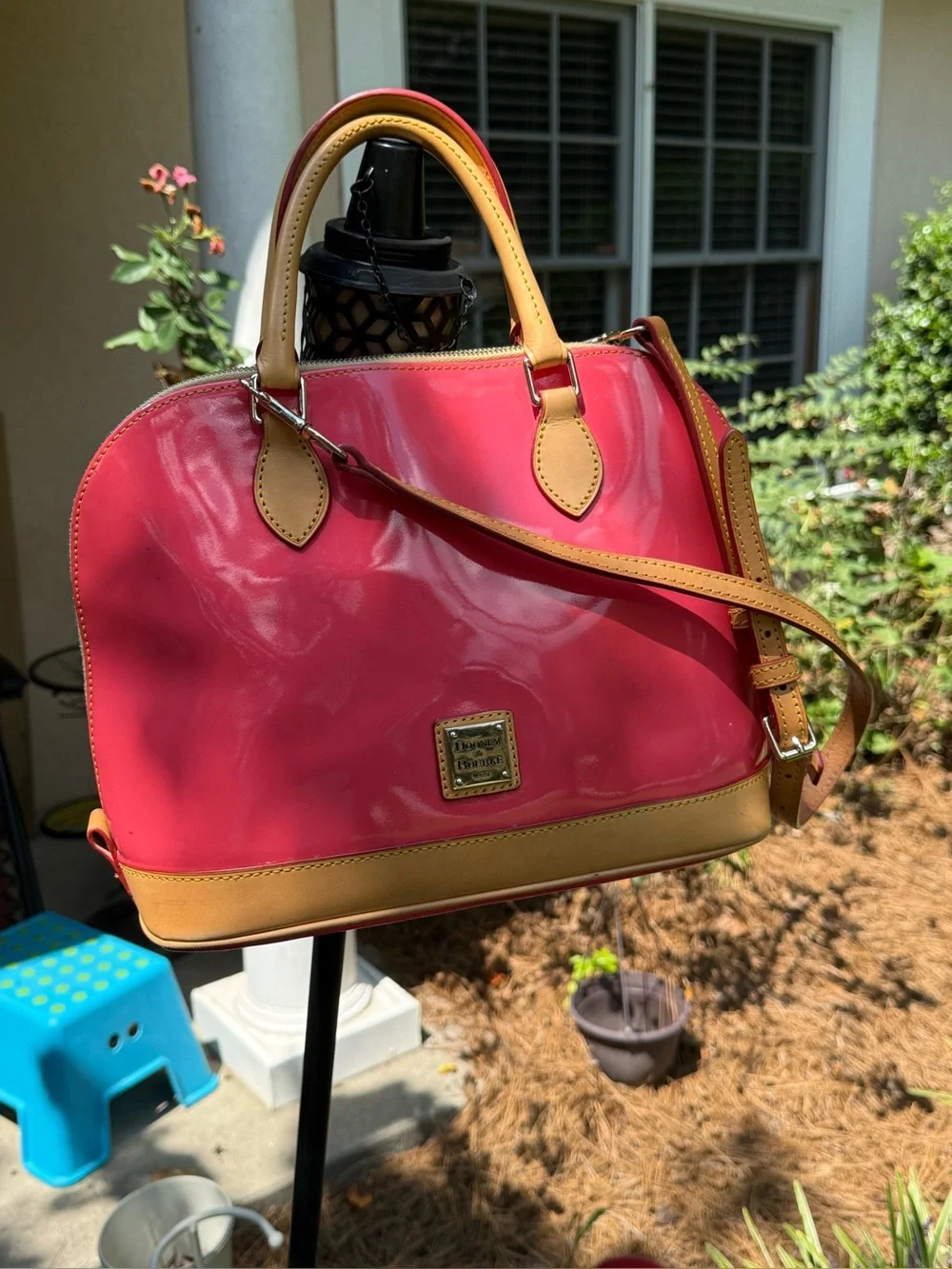 Dooney & Bourke coral Patent Satchel with Tan Trim